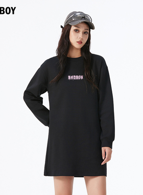 BAD BOY女装长袖2025春秋新款宽松T恤休闲潮牌上衣黑色女款连衣裙