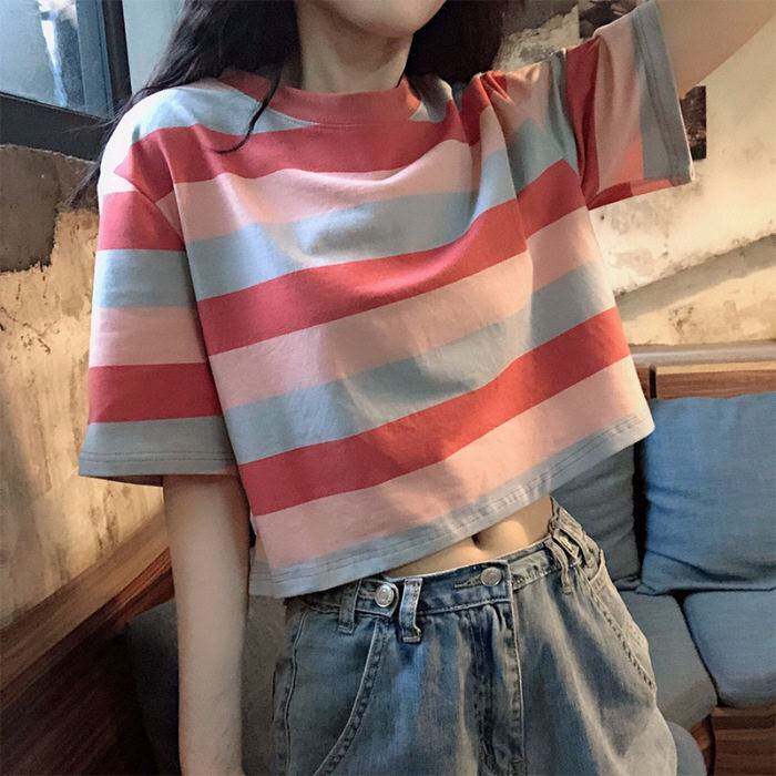 夏季新款韩版宽松彩虹条纹短袖T恤女生短露款脐百搭学上衣潮