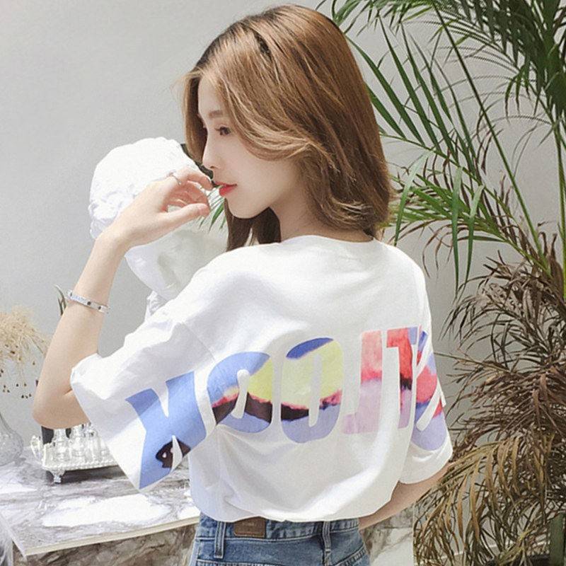 彩字色母短袖T恤女ins潮夏季韩版新款宽松大码学生半上衣袖女