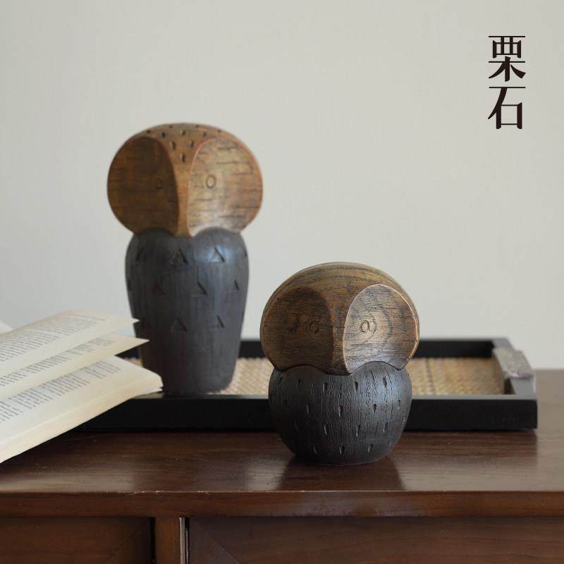 栗石侘寂风仿木纹抽象猫头鹰酒柜装饰小摆件桌面藤编托盘创意摆设