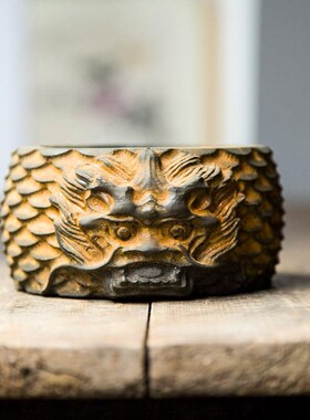 中式仿铸铁龙头仿古做旧烟灰缸自然铁锈铁艺烟缸龙纹复古手工制作