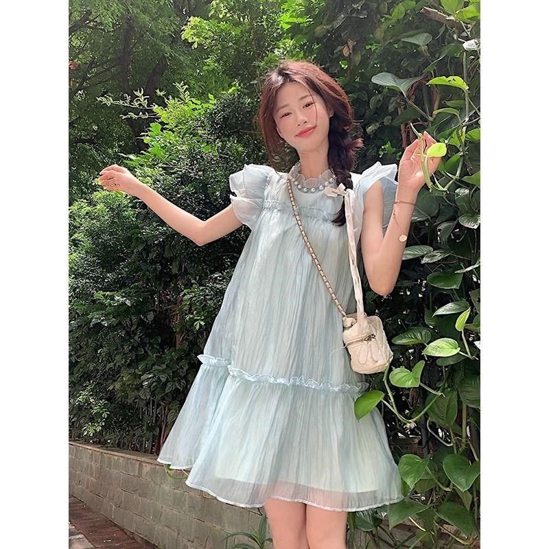 夏季裙子仙女超仙法式甜美遮肚子减龄小飞袖气质宽松A字连衣裙女