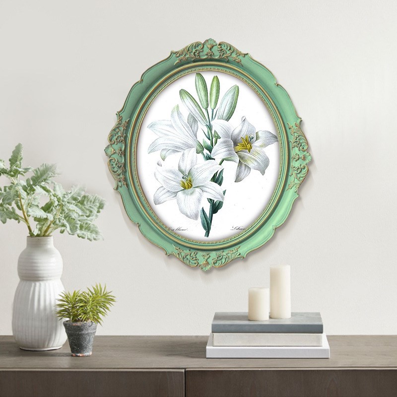 美式装饰画花卉卧室挂画餐厅田园清新绿色椭圆形画框欧式小众壁画