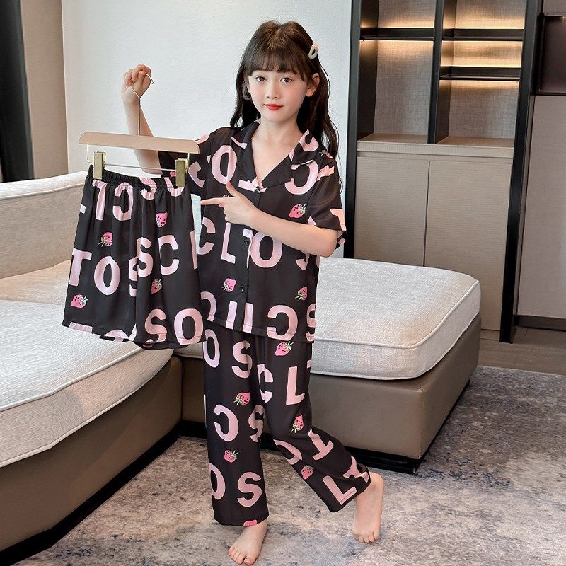 女童睡衣夏季冰丝短袖薄款大童女孩三件套空调服公主风儿童家居服