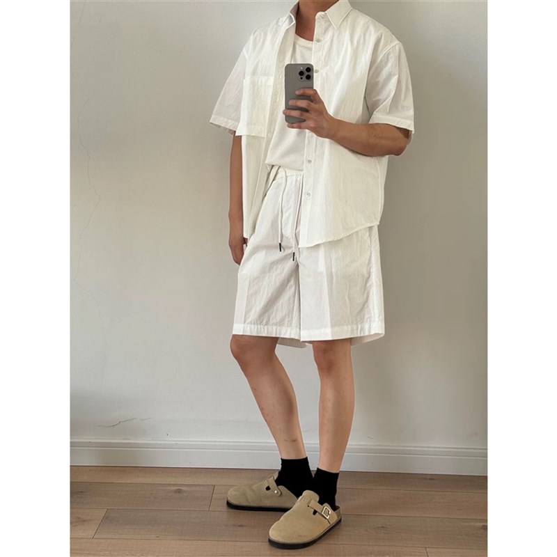 纯色翻领休闲短袖衬衫外套2025夏季宽松工装风直筒短裤两件套装男
