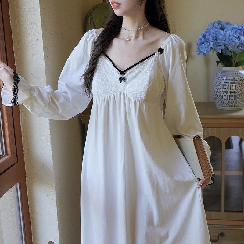 法式睡裙春秋女款长袖长款宫廷风纯欲少女纯棉高级感睡衣裙带胸垫