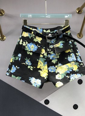 黄色花朵印染牛仔短裤女2025夏季新款显瘦贴布口袋aY字阔腿热裤潮