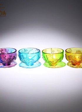 淄博手工古法琉璃梅兰竹菊碗摆件一套高档水晶中式中国风特色礼物