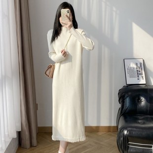 秋冬半高领中长款宽松流苏毛衣裙B女配大衣过膝黑色打底针织连衣