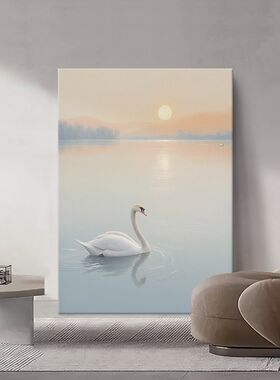 天鹅湖纯手绘油画侘寂风玄关装饰画客厅抽象日出风景肌理动物挂画