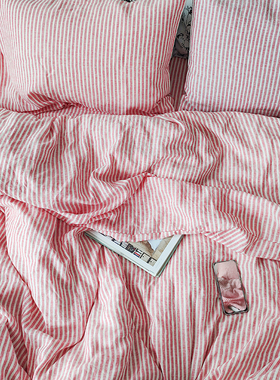 日式 简约亚麻小细条纹床单式床品C四件套 红色条床笠床上用品套