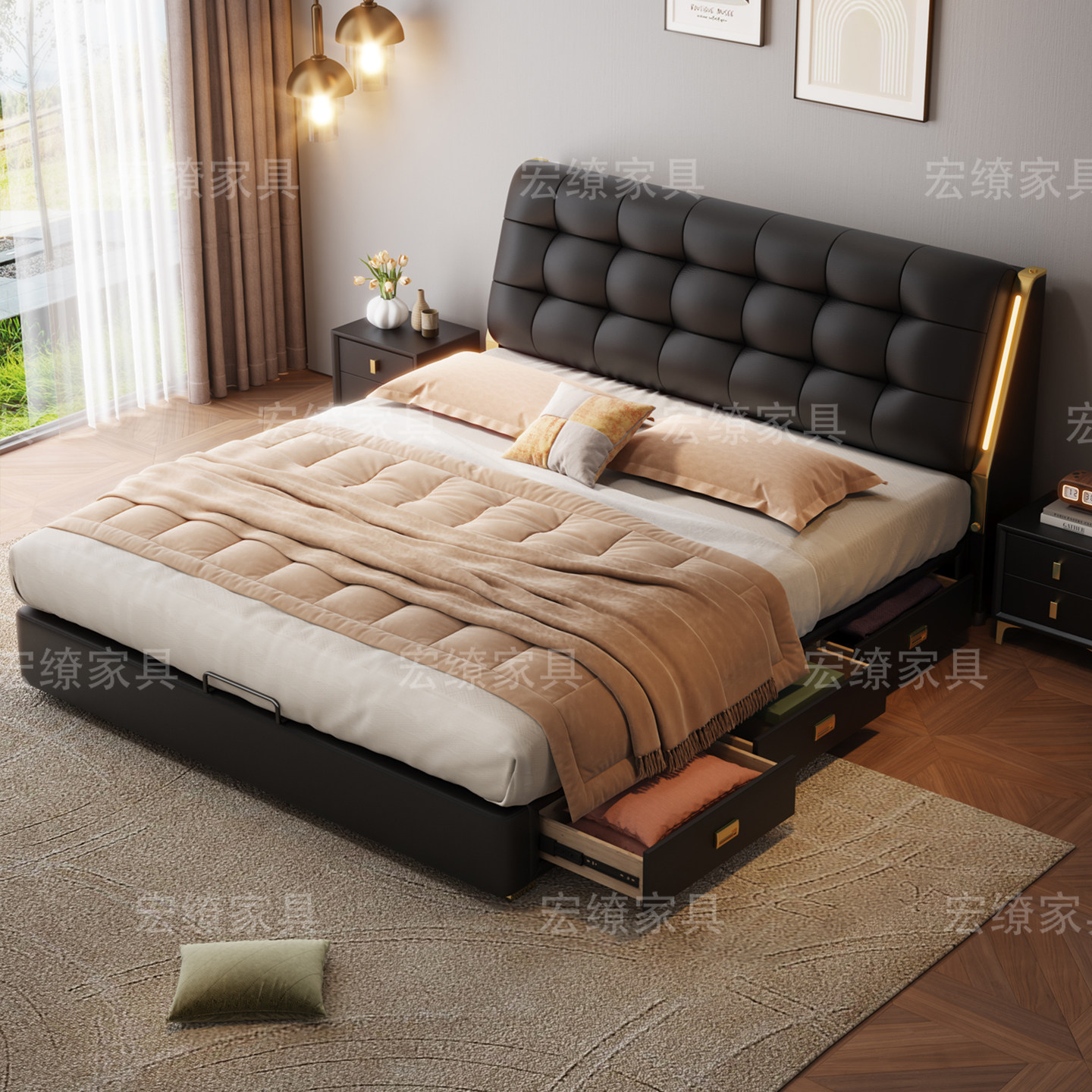 意式真皮床主卧室大床2米x2米2高端大气1米8双人床轻奢储物软包床