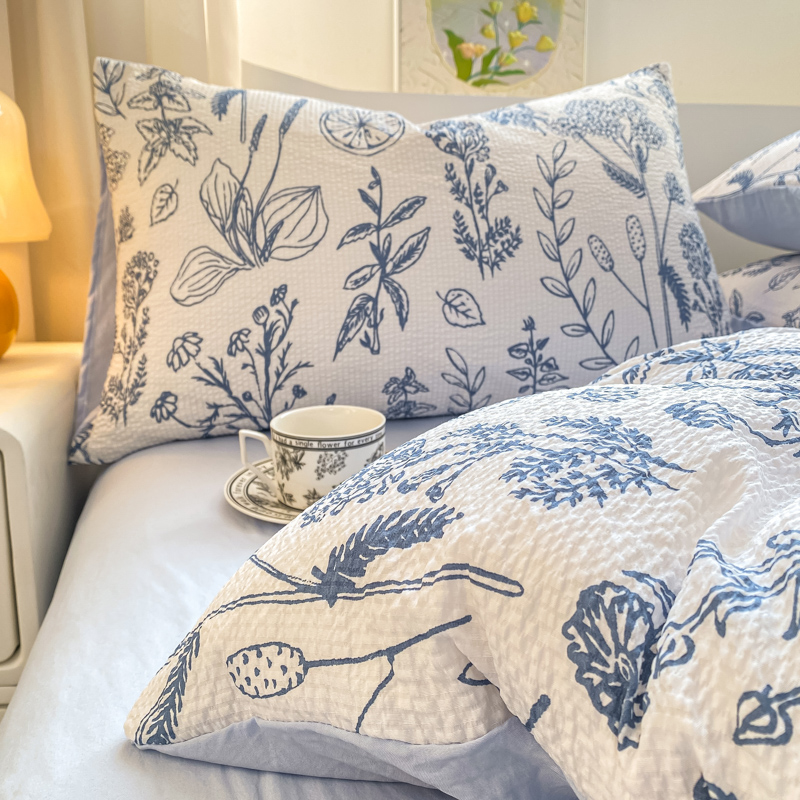 ins韩式小清新蓝色泡泡纱水洗棉四件套田园风被套床单宿舍三件套