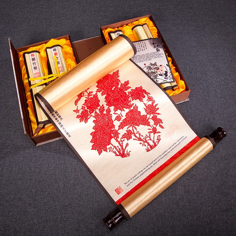 中国风特色手工艺品剪纸丝绸卷轴挂画装饰画出国外事送老外礼物