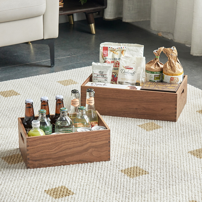 黑胡桃实木桌面收纳盒储物盒化妆品文件图书杂物家用整理木盒筐子