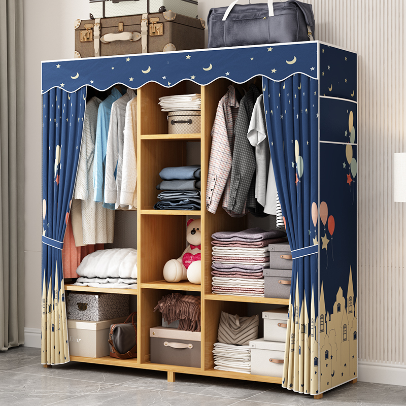 衣柜家用卧室简易牛津布防尘衣柜现代简约楠竹出租房多功能收纳柜
