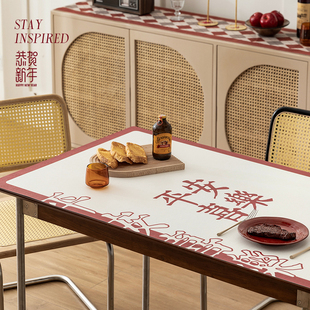饰书桌皮革餐桌垫 国潮新年桌垫防油防水红色桌布轻奢高级感春节装