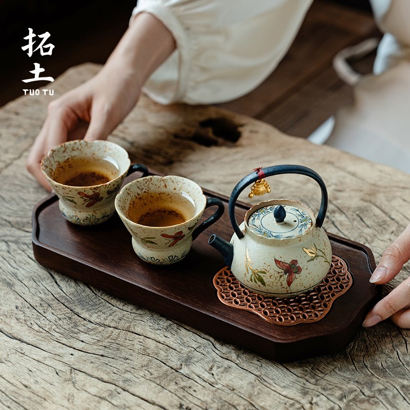 拓土纯手绘蝴蝶兰花陶瓷一壶二杯茶盘功夫茶具家用茶壶茶杯干泡盘