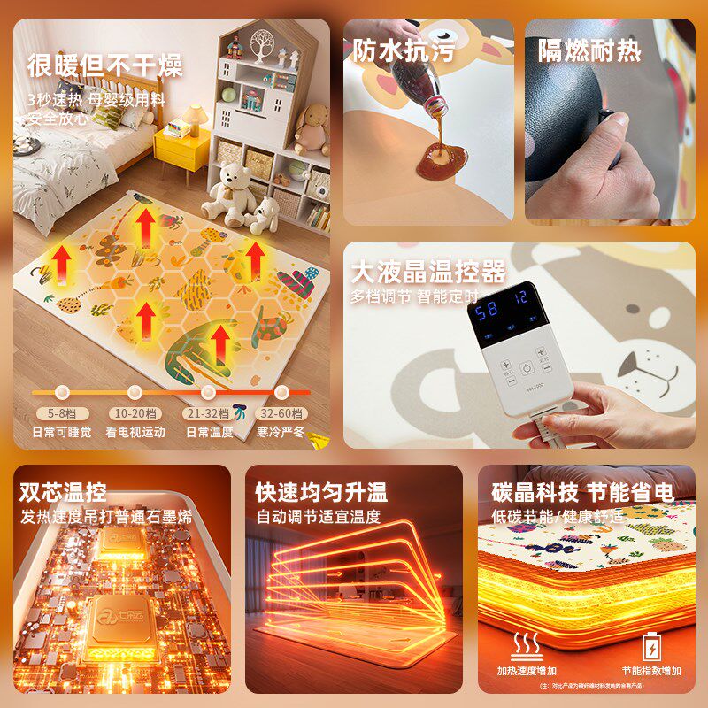 七朵云石墨烯碳晶地暖垫电热地毯儿童卡通发热加厚加热地垫客厅