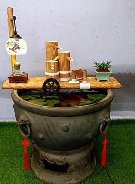 陶瓷鱼缸流水摆件石槽小型鱼盆桌面流水摆件带陶瓷灯