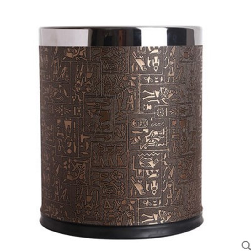欧式复古时尚创意皮革层垃圾桶筒金属卫生桶家用酒店宾馆埃及纹