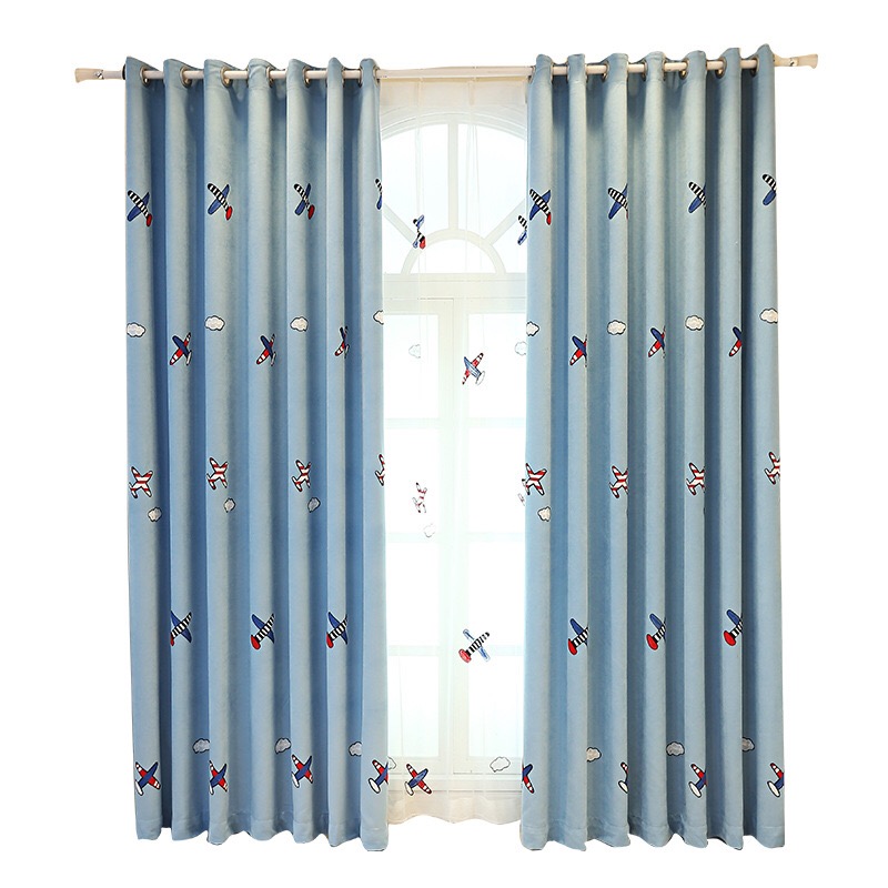 儿童房男孩卧室窗帘蓝色卡通遮光布料成品棉麻飞机部落免打孔安装