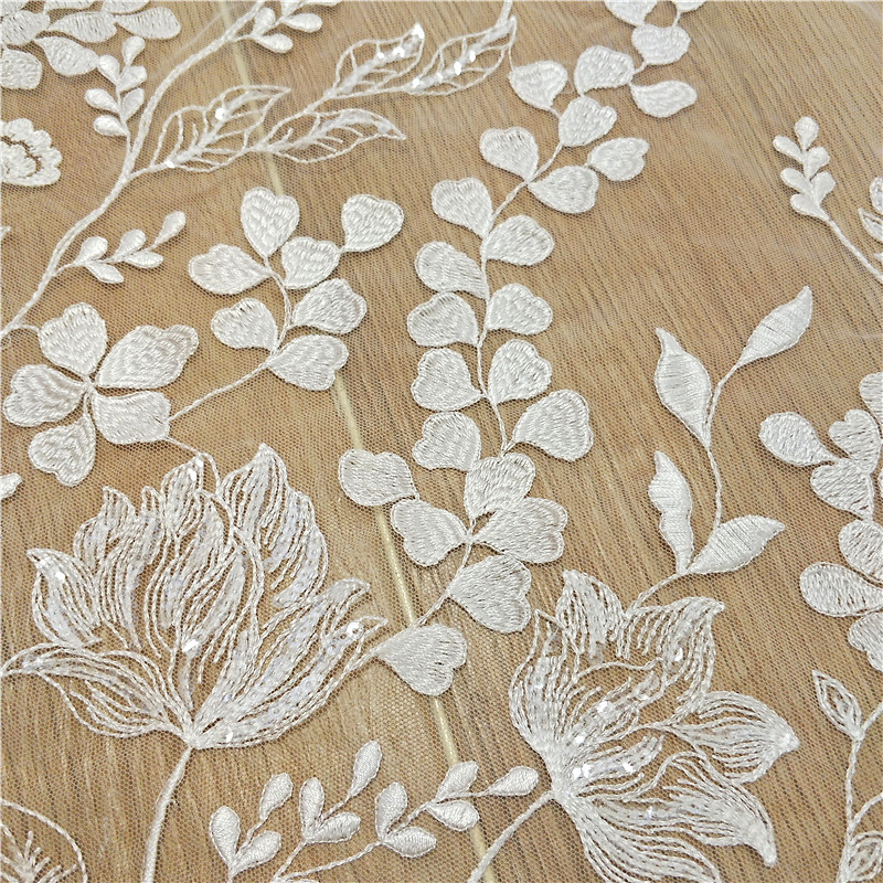 新款超美小清新森系刺绣蕾丝花朵树叶亮片面料布料做婚纱DIY辅料