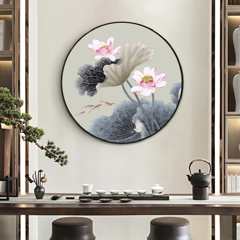 圆形荷花玄关装饰画餐厅客厅背景墙中式挂画走廊过道饭厅酒店壁画图片