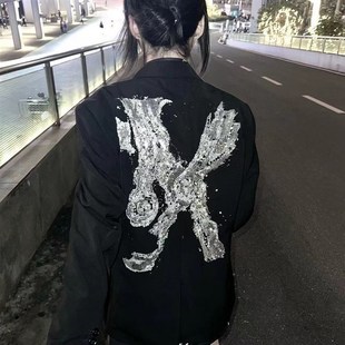 潮牌大义西服外套高街西装男女情侣休闲夹克满鳞手工鳞片印花亮片