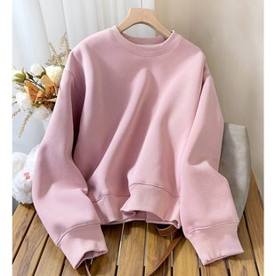 秋冬短款圆领卫衣女20s24新款加绒加厚宽松高腰小个子上衣粉红色