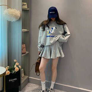 洋气时尚卡通印花美式圆领炸街卫衣短裙子 套装高腰A字鱼尾半身裙