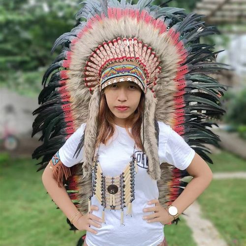 印第安头饰橘红白加强版酋长帽子野人发饰头戴舞台表演走秀道具