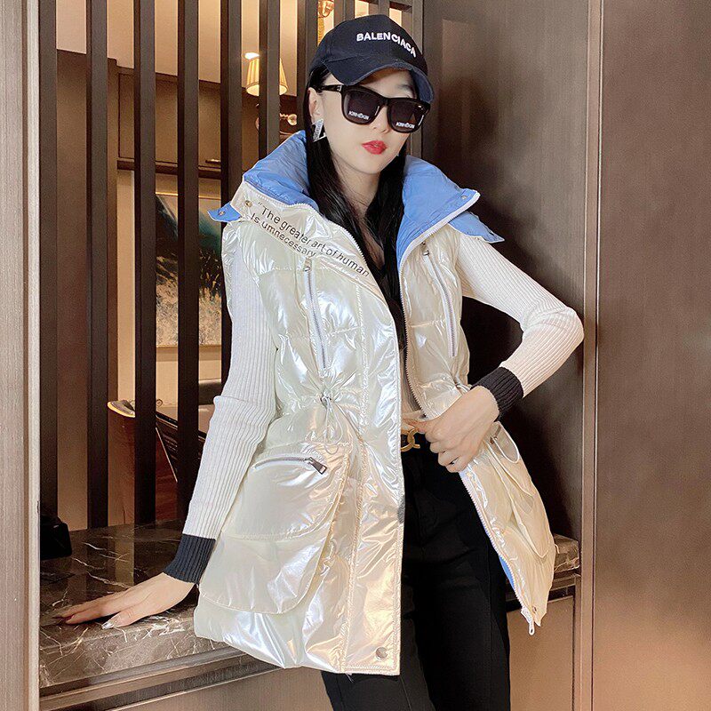 羽绒棉马甲女中长款冬季2021新B款韩版外穿棉背心连帽亮面棉衣马