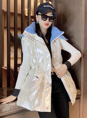 羽绒棉马甲女中长款冬季2021新B款韩版外穿棉背心连帽亮面棉衣马