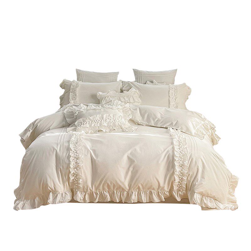 公主风60支全棉水洗棉四件套高颜D值球球花边纯棉白色被套床单床