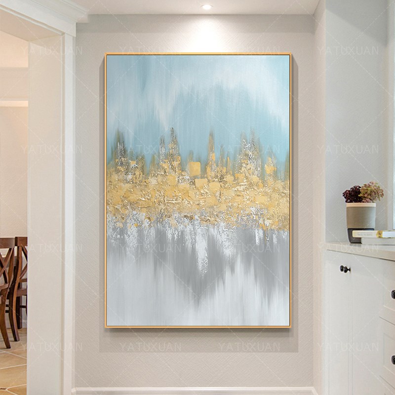 纯手绘大芬村油画客厅玄关装饰画酒E店餐厅轻奢金箔手工竖版挂壁图片