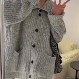 灰色翻领毛衣外套女秋冬加厚宽松外D穿慵懒风高级感中长款针织开