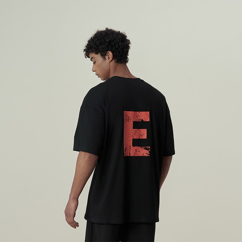 11E 美式裂纹大E印花纯色短袖T恤男高街休闲潮牌宽松半袖上衣情侣