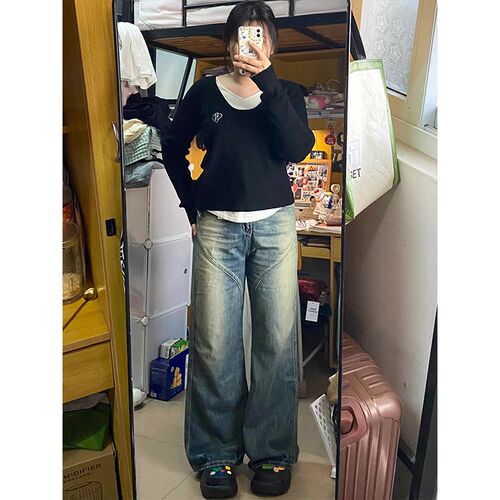 胖mm美式复古阔腿牛仔裤女300斤大码女装裤子夏季新款显瘦阔腿裤