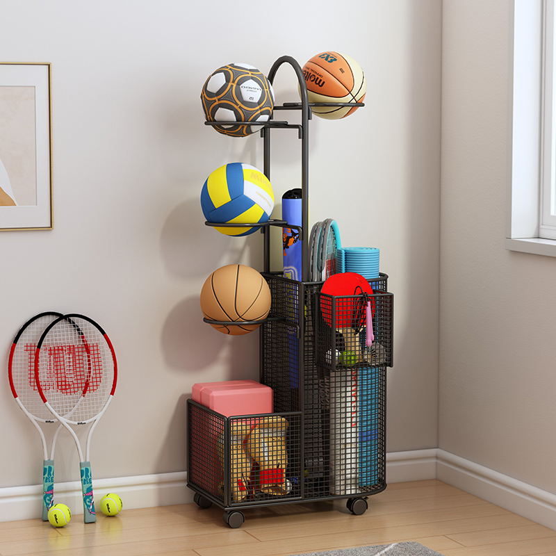 瑜伽垫收纳筐家用带轮健身器材收纳架枪玩具羽毛球拍篮球类置物架