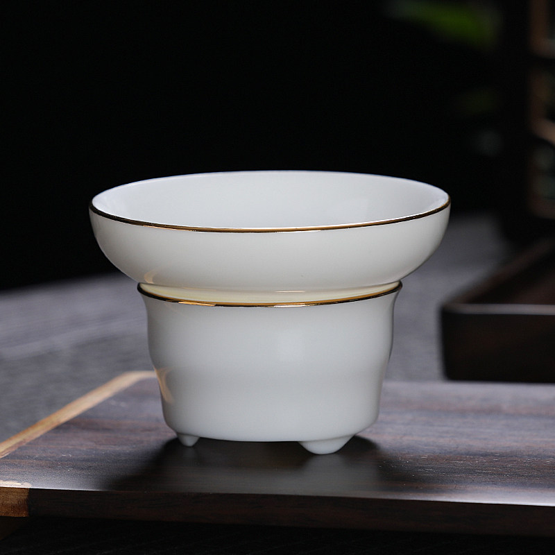 羊脂玉瓷茶漏手工描金茶滤白瓷茶水分离器陶瓷过滤网细密网布家用图片