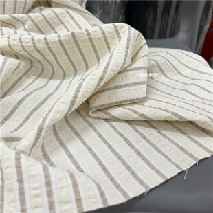 原米风浅米e黄色条纹泡泡棉麻衬衫连衣裙透气亚麻旗袍手工服装布