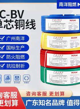 广州南洋电线BV1.5/2.5/4/6/平方家装电线阻燃国标硬芯单支线南牌