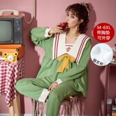 6XL睡衣女春秋纯棉胖妹妹家居服带胸垫长袖 可外穿 套装 长裤 特大码