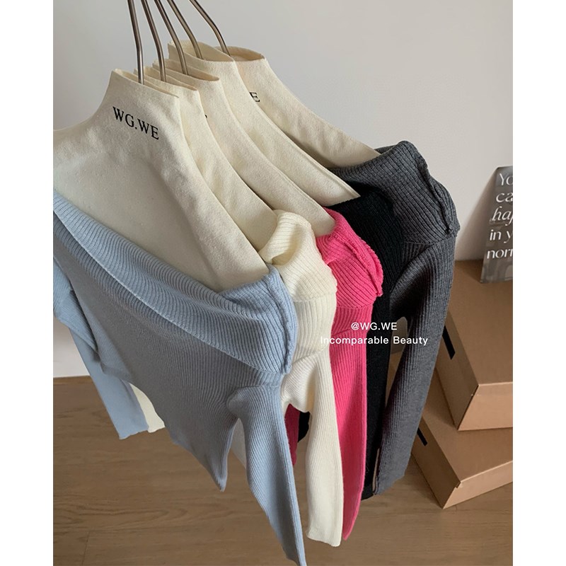 2024早秋不规则法式一字肩毛衣女打底衫设计感小众长袖针织衫上衣