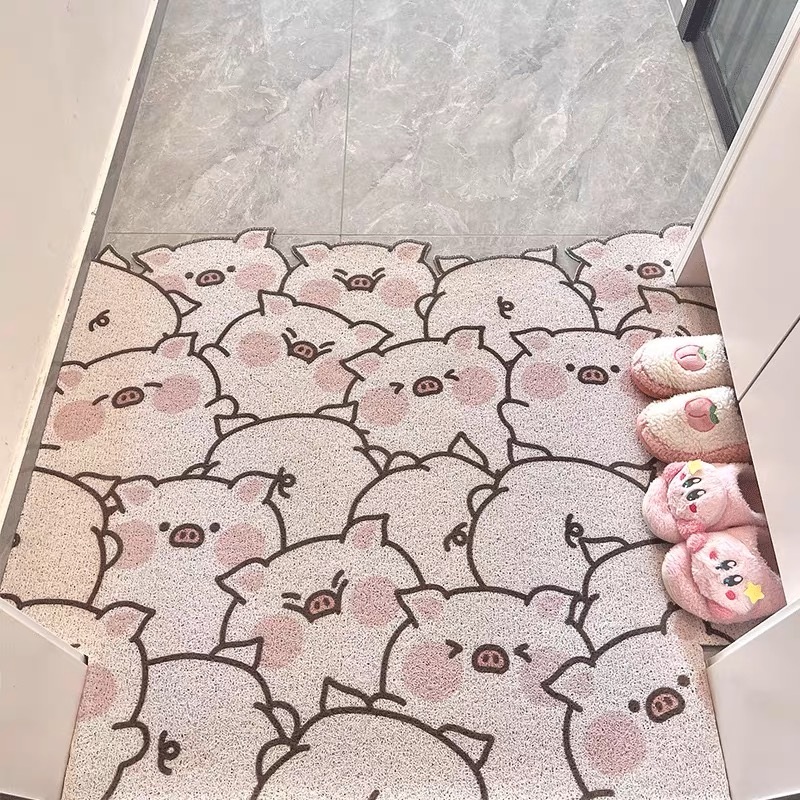 可爱粉色猪猪丝圈入户地垫门内门外刮泥蹭土玄关进门脚垫任意裁减