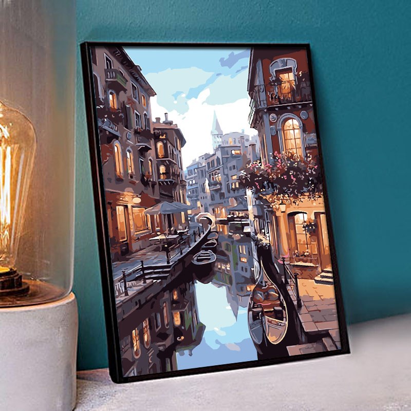 diy数字油画手工画海边风景建筑客厅礼品装饰画油Y彩画湖边别墅图片