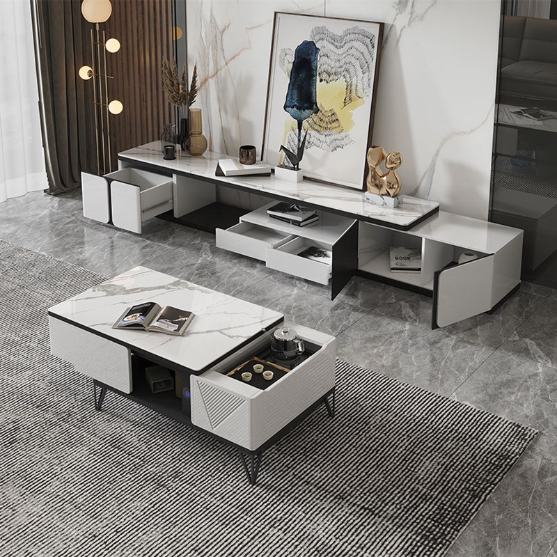 意式极简智能电动升降功夫茶几电视柜组合方形岩板现代家用小户型