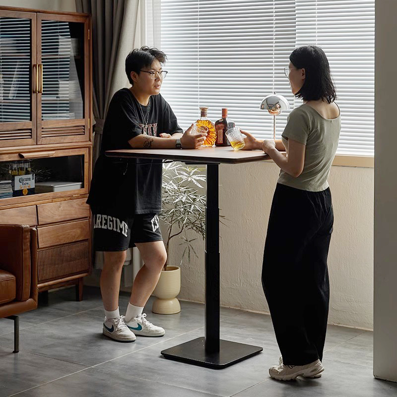 实木方桌小户型茶几可升降书桌黑胡桃木餐桌电动升降桌简约洽谈桌