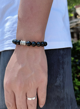 喜饰天然黑曜石水晶手串男款单圈转运珠钱币手链女情侣礼物送男友